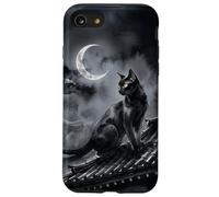 Nekomata Yokai Chat Noir Croissant de Lune Art Sumi-e Coque pour iPhone SE (2020) / 7/8