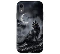 Nekomata Yokai Chat Noir Croissant de Lune Art Sumi-e Coque pour iPhone XR