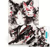 Nekomimi Masque de Renard Kitsune Puzzle pour Adultes 1000 Pièces Jeu de Concentration et de Détente Cadre Rigide Père Noël Vœux (38x26cm)