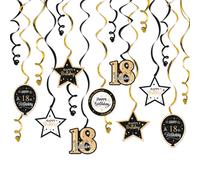 Nelbiirth Joyeux 18e anniversaire Noir et or paillettes tourbillons banderoles décorations de fête - 15 pièces 18e anniversaire suspendus tourbil