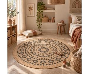 Nele Ethno - Tapis en fibre naturelle de jute - Fait à la main - Rond