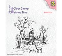 Nellies Choice Tampon transparent Scène hivernale avec église et renne 75 x 75 mm