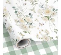 Neloheac Rouleau de Papier Cadeau Réversible, Motif Fleurs Blanc et Carreaux Vert, 43cm x 10m, Idéal pour Décorer Cadeaux Anniversaires Femmes Filles, Fête des Mères, Mariages et Festivals