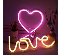 NELUX Pack de 2 Coeur et Love (Amour) - Néon LED Mural, Lampe Neon Couple Chambre Decoration, Enseigne Lumineuse Setup Ami. Connexion batterie ou USB