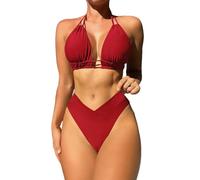 Nemeir Maillot de Bain Femme 2 Pieces,Halter Triangle Bikini Liens Réglables Taille Haute Push Up pour Natation,Bain de Soleil,Surf,Sources Chaudes