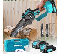 NEMEIR Mini Tronçonneuse à Batterie 8000mAh 6 Pouces,880w tronçonneuse electrique Sans Fil Brushless avec Graisseur Automatique,2 Chaînes, 2 Guide-chaînes