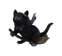 Nemesis Now Figurine de chat noir en bâton de sorcière - Statue en résine peinte à la main pour décoration de sorcière et décoration gothique - Vol familier, 14,5 cm