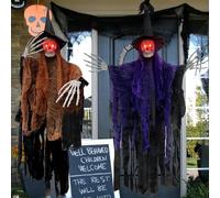 NEMMXUB 2 Pièces Fantôme Suspendu Halloween, 105 * 80cm Suspendu Fantôme de Faucheuse avec Yeux Lumineux, Faucheuses à Suspendre pour Halloween, Suspendu Squelette Décorations, Effrayante Décoration