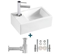 Nemo Spring Sula ensemble de lave-mains 37x23.5cm sans trop-plein incluant siphon et robinet d'eau froide 14cm porcelaine blanc sw10088/sw10735/sw21230/sw286407/sw290278/