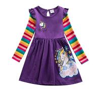 Nemopter Robe Fille Robes Enfant Printemps Été Coton Licorne à Manches Longues Imprimé Automne Hiver Manches à Rayures Arc-en-Ciel 6 Mois-7 Ans