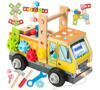 Nene Toys Camion Busy Board Montessori - Tableau d’Activités & Caisse à Outils en Bois FSC® avec 3 Interrupteurs LED, Clé Phares + 8 Modes - Jouet à Tirer, Construction, Motricité, 2-6 Ans