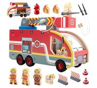 Nene Toys Camion de Pompiers en Bois - Jouet Éducatif Magnétique pour Enfants dès 2 Ans - Échelle Rotative 360°, Tuyaux Magnétiques, Hydrant, Pompiers & Dalmatien - Jouet Montessori FSC Cadeau