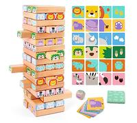 Nene Toys Jeu d’Empilage de Blocs en Bois - Jeu de Société Familial 4 en 1 Tour avec Blocs de Construction, Cartes et Dé - Jouet éducatif Animaux African Safari pour Enfants de 3 à 9 Ans