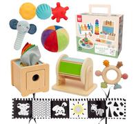 Nene Toys Jouet Montessori Bébé 0-6 Mois - Coffret Sensoriel 7-en-1 en Bois avec Livre Noir & Blanc, Boîte à Mouchoirs, Tambour Rotatif, Balles, Anneau de Dentition & Hochet - Cadeau Naissance