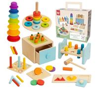 Nene Toys Jouet Montessori Bébé dès 1 an - Jouet d’éveil en Bois FSC 12-24 Mois avec Boîte d’activités 3-en-1, Gobelets empilables, Banc à marteler, Puzzle de Formes & Tour à Anneaux - Cadeau Enfants