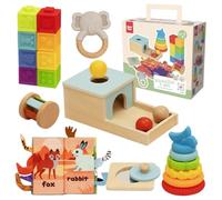 Nene Toys Jouets Montessori Bébé 6-12 Mois - Jouets Éducatifs Sensoriels en Bois - Boîte de Permanence, Tour à Empiler, Puzzle Miroir, Livre Tissu, Anneau de Dentition, Hochet & Blocs Souples