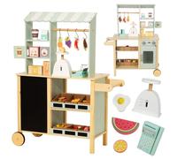 Nene Toys Marchande Enfant en Bois - Stand Marchande / Épicerie Tout-en-Un avec Caisse enregistreuse, Balance, Ardoise, Bacs inclinés & Roulettes - Côté réversible avec Four - Jouet 3-7 ans