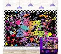 Neno Toile de fond colorée phosphorescente pour fête d'anniversaire Motif graffiti Inscription Happy Birthday Lumière noire Pour enfants 1,5 x 0,9 m