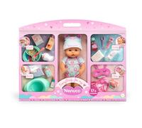 Nenuco - Poupée de 35 cm avec Corps Rigide et 8 Fonctions réalistes, pleure, boit, Fait Pipi, Prend Son Bain et Sent comme Un bébé, 17 Accessoires, Body avec Bonnet à Petits Lions, Famosa (NFND5000)