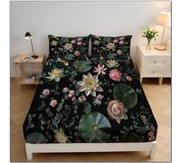 Nénuphar Aux Feuilles De Lotus Drap Housse Microfibre 135x190x30cm Housse De Matelas 30 Cm Profondeur pour Matelas épais, Plantes À L'Aquarelle Draps Housses Doux, Multicolore