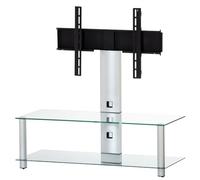NEO-110-TG - Meuble TV avec support intégré, 110 cm, avec roulettes, verre trempé transparent et châssis en aluminium gris, rotation ±35°, compatible 32" - 50"