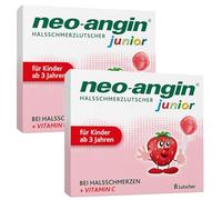 neo-angin Lot de 2 paquets de 8 sucettes junior pour maux de gorge au goût de fraise - Soulage les maux de gorge et apaise les muqueuses irritées - Pour enfants à partir de 3 ans - Sucettes à la
