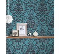 Néo-Classique Ornement Papier Peint, Floral - Bleu, Noir