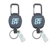 NEO+ Lot de 2 porte-clés rétractables très résistants, enrouleurs de badge, porte-badge tactique avec mousqueton en alliage de zinc amélioré, cordon en acier revêtu de 66 cm, roulement de 255 g