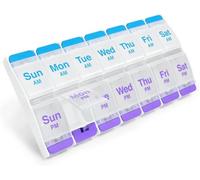 NEO+ Pilulier hebdomadaire AM PM 7 jours Boîte à médicaments avec boutons poussoirs Boîte de rangement pour tablettes de vitamines Distributeur quotidien portable