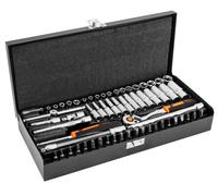 NEO TOOLS Clé à douille 1/4", jeu de 63 pièces, acier CrV, cliquet ¼, inserts 32 ¼", 4 rallonges, poignée en T, articulation, poignée de tournevis ¼, adaptateur de foret et 22 embouts, mallette