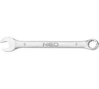 NEO TOOLS Clé mixte 9 x 130 mm, acier CrV, DIN3113, poinçonnage, satiné, tête polie courbée sous l'angle 15°, certificat M+T