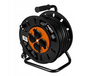 NEO TOOLS Enrouleur de câble, 4 prises, 230 V, IP20, noir, avec 4 prises, 50 m, 3600 W, 3 x 2,5 mm², fusible thermique, connexion à la terre