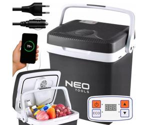 NEO TOOLS Glacière de voyage 2 en 1 Chauffage et réfrigération 3,8 kg, 26 l, mode Eco, alimentation 230 V et 12 V, panneau de commande électronique, cordon d'alimentation HO3VVH2-F, port USB