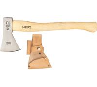 NEO TOOLS Hache Bushcraft longueur de la hache de camping, poids 400g, sac en cuir, manche en frêne, acier carbone C55, HRC 50-55, lame matricée et polie, Camping Outdoor - Haches Hatchet Hachette