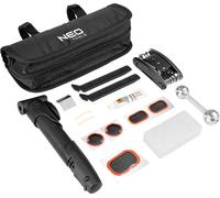 NEO TOOLS Kit de réparation vélo, pompe, cuillère à pneu, clé hexagonale en métal, multitool, rustines pour chambres à air, chambres à air en silicone, colle, éplucheur