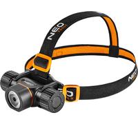 NEO TOOLS Lampe frontale à accu/batterie 20W, max. 2000 Lm, portée 200m, IPX4, 4000mAh 3.7 Li-Ion, USB, 5 fonctions d'éclairage 100%, 40%, 15%, 3%, Strobe