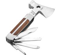 NEO TOOLS Multitool 11 in 1 acier inoxydable, outil multifonctions, manche en bois, clé à molette, marteau, hache, couteau, scie, grattoir, tournevis plat, lime, mètre ruban, tournevis PH, ouvre-boîte