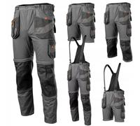 NEO TOOLS Pantalon de travail 6 en 1 pour homme - Pantalon court pour homme - Salopette 100% coton 260 g/m² - Bretelles boutonnées - Poches multifonctions - Taille élastique - XS-3XL, gris, M