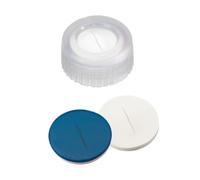 neochrom® capuchons à visser ND9 filetage court, polypropylène blanc à trou, septum silicone/PTFE bleu, lot de 100
