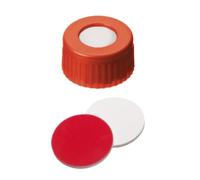 neochrom® capuchons à visser ND9 filetage court, polypropylène rouge à trou, septum silicone/PTFE, lot de 100