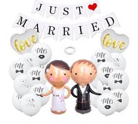 NEODTX Just Married - Lot de 23 Ballons et Guirlande de Décoration de Mariage - Mr Mrs, Love, Couple de Mariés - Figurines et Ballons en Aluminium Blanc