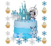 NEODTX Lot de 42 décorations de gâteau La Reine des Neiges Happy Birthday - Paillettes - Château bleu - Décoration de gâteau - Flocons de neige argentés - Pour enfants et filles