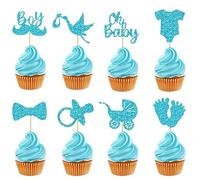 Neodym Tex - Boy Lot de 32 décorations cupcake pour fêtes prénatale garçon/fille Bleu pailleté - Oh Baby Boy
