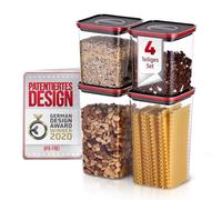 Neoflam® - Smart Seal Lot de 4 boîtes de conservation hermétiques, couvercles rouges/noirs, fermeture brevetée à une main, sans BPA, 2x 1,35L & 2x 2,1L, pour muesli ou farine, va au lave-vaisselle