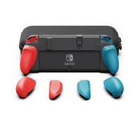 NeoGrip Bundle pour Nintendo Switch OLED et modèle standard SAVAGE RAVEN by Skull & Co. : Poignée ergonomique avec coque rigide et poignées remplaçables [avec étui de transport], Bleu néon + Rouge