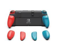 NeoGrip pour Nintendo Switch OLED et modèle standard SAVAGE RAVEN by Skull & Co. : Poignée ergonomique avec coque rigide et poignées remplaçables, Bleu néon + Rouge