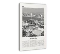 NEOHI Mazatlán Impression sur toile style rétro carte de ville du Mexique noir et blanc 60 x 90 cm