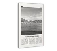 NEOHI Toile murale moderne avec carte de la Rhénanie-du-Nord-Westphalie, paysage de voyage, noir et blanc, 50 x 75 cm