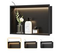 Neohomee Douche niche murale en acier inoxydable avec éclairage LED - Étagère simple noire - Niche encastrée avec réglage de la température de couleur - Rangement pour salle de bain - 45 x 30 cm