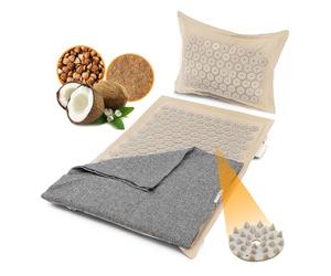 NEOLYMP Tapis d’acupression avec coussin et serviette - rempli de coco et sarrasin - tapis de massage 7 452 pointes + vidéos d’exercices pour le dos (beige)